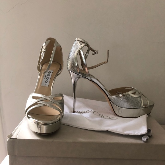 JIMMY CHOO Laurita Leather Glitter Platform Sandal - Picture 8 of 8